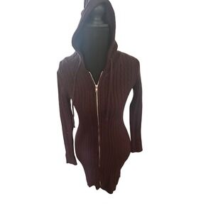 Y2K J For Justify junior Burgundy Cable Knit Full Zip Hooded Sweater Dress Sz M